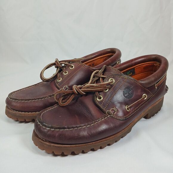 Timberland 3-Eye Lug Handsewn Oxblood Brown Leather Boat Shoes Men’s Size 8.5 - Picture 1 of 13